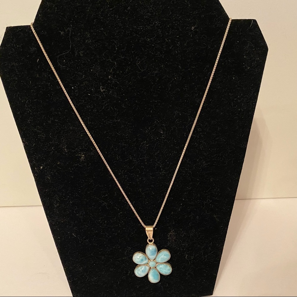 IBB NECKLACE STERLING SILVER BOX CHAIN 24” LARIMAR BLUE STONE FLOWER PENDANT 925